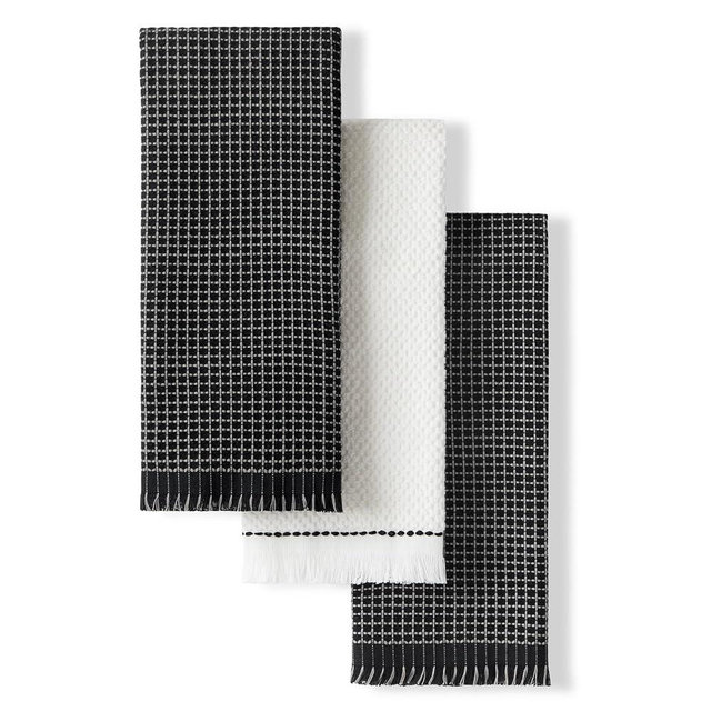 KitchenAid Gourmet Series Gridlines Kitchen Towels 3-Pack Set, 100% Cotton Absorbent, Matte Black, 18"x28"
