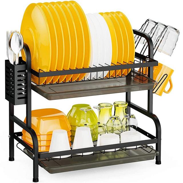 Dish Drying Rack, Swedecor 2 Tier Dish Rack Rustproof Dish Drainer with Drain Board Tray, Utensil Holder and Glass Holder for Kitchen Counter, Black