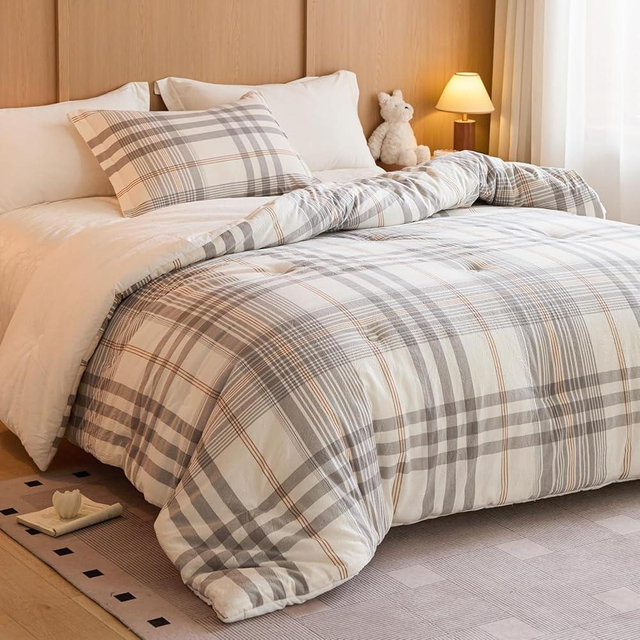 hadamick 100% Cotton Comforter Set King Size – Reversible Yarn-Dyed Checkered Design, Soft Washed Cotton on Both Sides, Lightweight All-Season Bedding, Machine Washable(Grey White Plaid, 104”x90”)