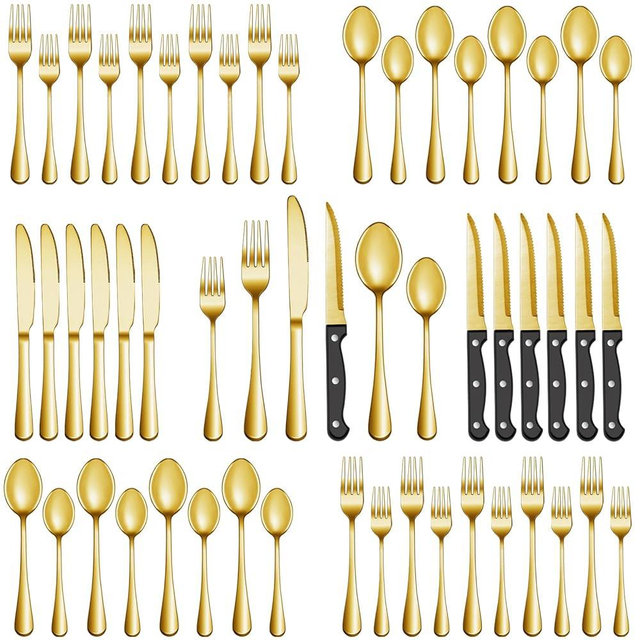 48 Pcs Gold Silverware Set with Steak Knives, Stainless Steel Flatware Cutlery Set Service for 8, Kitchen Tableware Sets, Utensil Sets for Home and Restaurant, Knives Forks Spoon, Dishwasher Safe