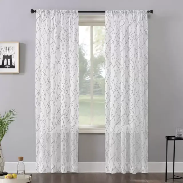 No. 918 Abstract Geometric Embroidery Semi-Sheer 84-Inch Rod Pocket Window Curtain Panel in Gray