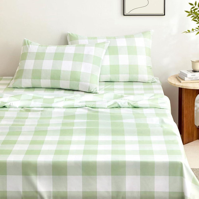 Wake In Cloud - Gingham Bed Sheets, 4-Piece Sheet Set, Cute Plaid Buffalo Check Checker Geometric Aesthetic Bedding, Deep Pocket, Sage Green White, Full Size