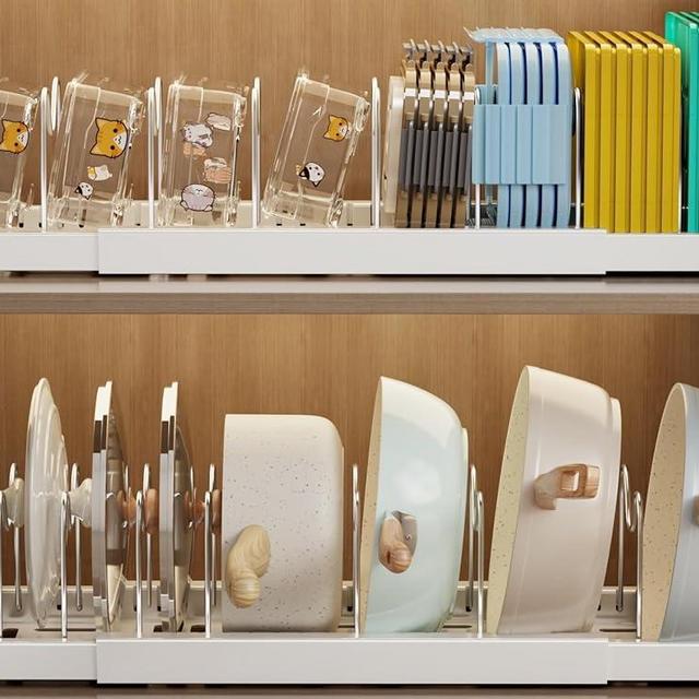 Mustorn 2 Pack Pots and Pans Organizer Under Cabinet, 22" Expandable Food Storage Container Lid Organizers with 9 Adjustable Dividers Pot and Pan Lid Holders Rack Inside Cabinet/Countertop(White)