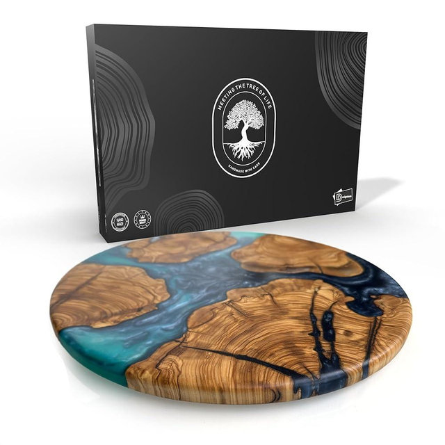 Handmade Olive Wood Round Cutting Board Resin Round Charcuterie Board, Epoxy Wood Cutting Board for Kitchen, Ocean Resin Cheese Board Wood Circle, Olive Wood Resin Pizza Board (Ocean)