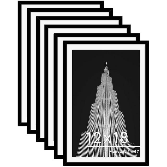 PEALSN 12x18 Picture Frame Set of 6, Display Pictures 11x17 with Mat or 12x18 Without Mat for Wall Mounting Display, Poster Frames Collage for Wall Decor, Black.