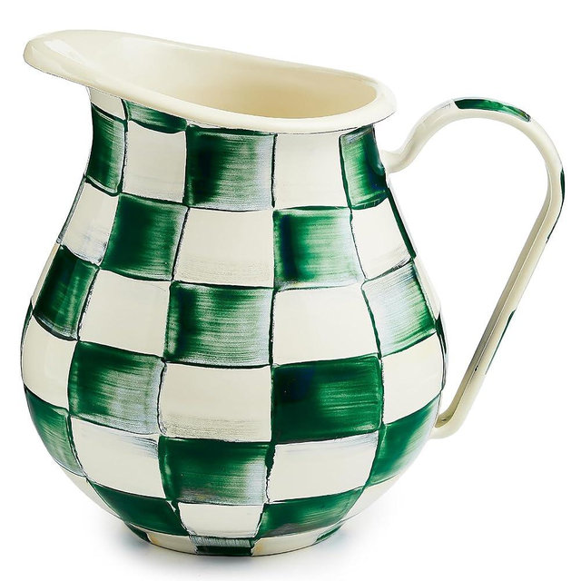 MACKENZIE-CHILDS Enamel Pitcher with Spout for Water, Cut Flowers, and Home Decor, 3 Quarts, Green-and-White Emerald Check