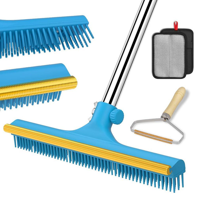 3 in 1 Carpet Rake for Pet Hair Removal, Reusable Pet Hair Remover Broom, 60'' Adjustable Long Handle Dog and Cat Hair Remover Tool Set of 3, Lint Remover Scraper for Carpets, Rugs, Mats, Couch, Car