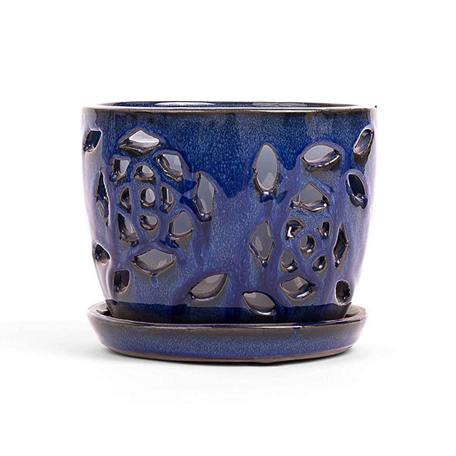 rePotme 5 inch Floral Cutout Ceramic Orchid Pot (Midnight Blue)