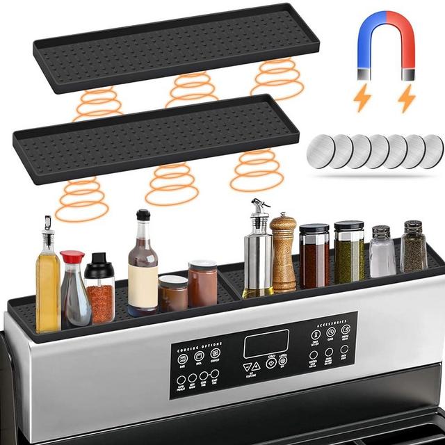 30 Inch Silicone Magnetic Stove Top Shelf, Kitchen Shelf Over Stove Spice Rack Apartment Must Haves Kitchen Gadgets for Above Stovetop Seasoning Organization and Storage with 2 Functional Prtitions