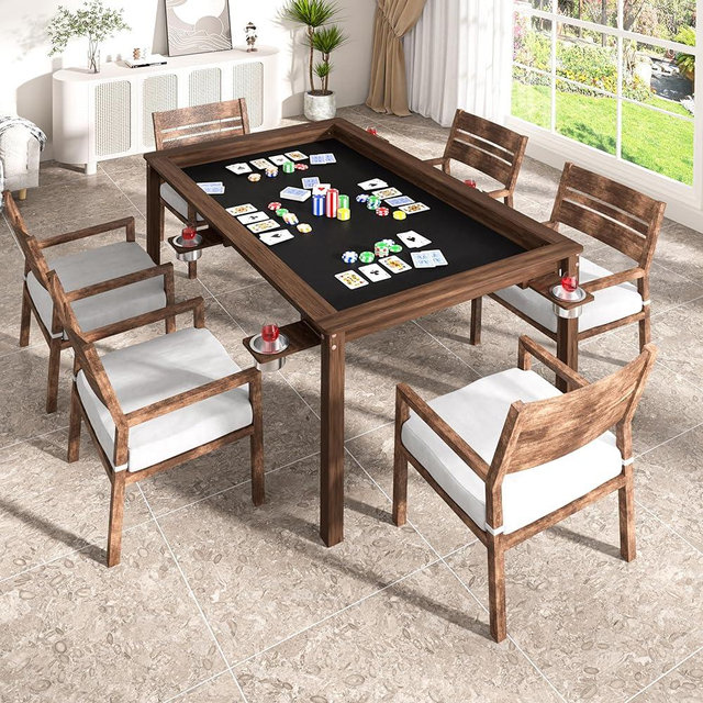 BlueWish 58” x 33” Solid Wood Board Game Table, Gaming & Dining Table with Big Gaming Space and Removable Top, Seats 4 to 6 Players, Includes 6 Cup Holders & Flush Pull Design, Leatherette Play Mat