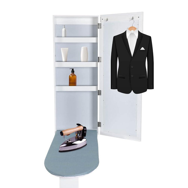 Wall-Mounted Ironing Board Cabinet, Swivel Ironing Board Closet with Mirror & Folding Support Leg, Space-Saving Foldable Ironing Station for Home, Apartment, Laundry Room and Bedroom