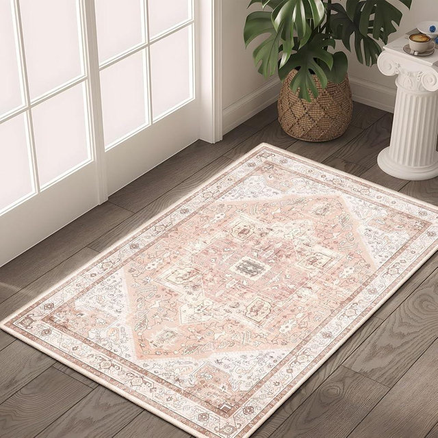 MUJOO Pink Small Rug Washable,Boho Area Rugs for Bathroom Entryway Entry Entrance Bedroom,Front Door Mat Non Slip Soft Carpet Indoor Vintage Blush and White Floral 2'x3'