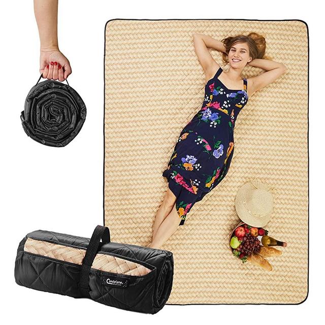 CANDY CANE Picnic Blanket Foldable (78”x56”) Large Size, Perfect Outdoors, Camping and Sandproof Beach Blanket Stylish Straw Design Park mat, Comfy Carrying and Portable, Washing Machine (Black)