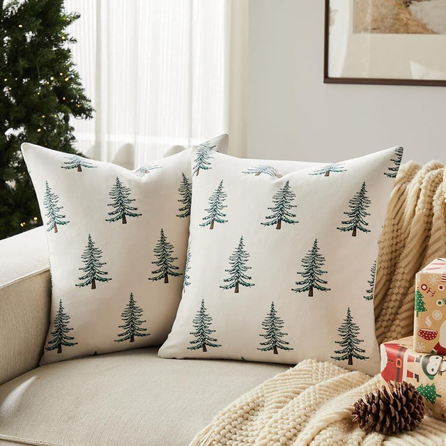 YZJZEDS 100% Cotton Christmas Pillow Covers Set of 2, 20x20 Inch Christmas Green, Winter Tree Print Decorative Xmas Throw Pillow Covers Cushion Case Winter Home Decor for Sofa Bed Living Room