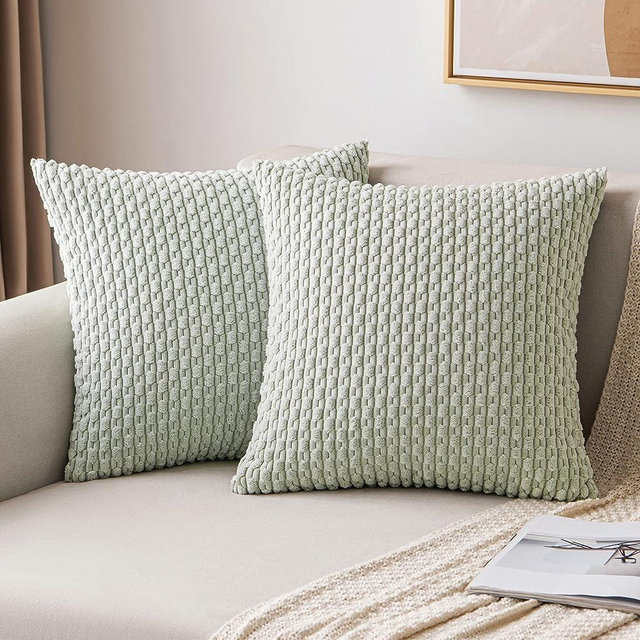 MIULEE Throw Pillow Covers Soft Corduroy Decorative Set of 2 Boho Striped Pillow Covers Pillowcases Farmhouse Home Decor for Couch Bed Sofa Living Room 18x18 Inch Light Green