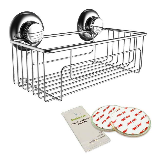 Gecko-Loc Super Suction Cup Shower Caddy Bath Wall Shelf, Large Deep Bathroom Shampoo, Conditioner and Bath Gel Caddy Organizer - Kitchen Storage Basket - Rustproof Stainless Steel Silver Finish
