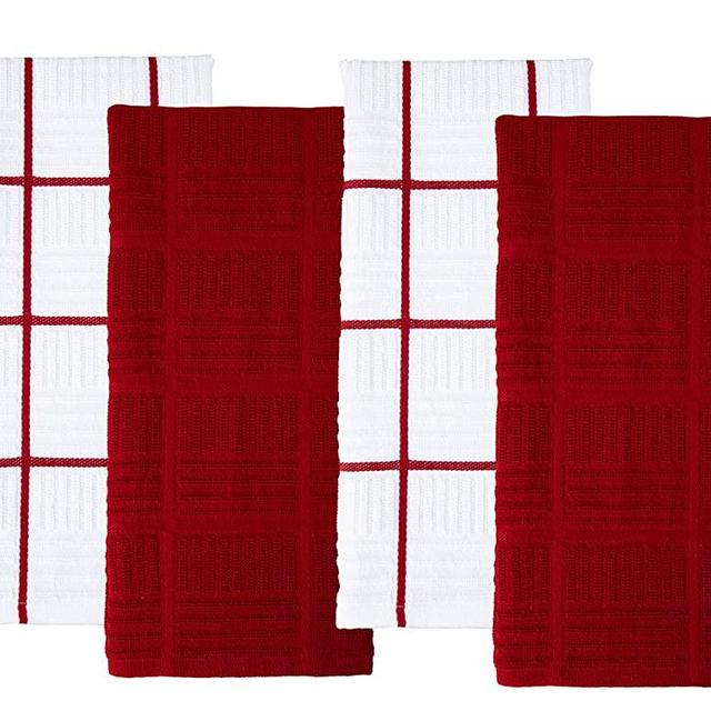 Sticky Toffee Cotton Terry Kitchen Dish Towel, 4 Pack, 28 in x 16 in, Red Check