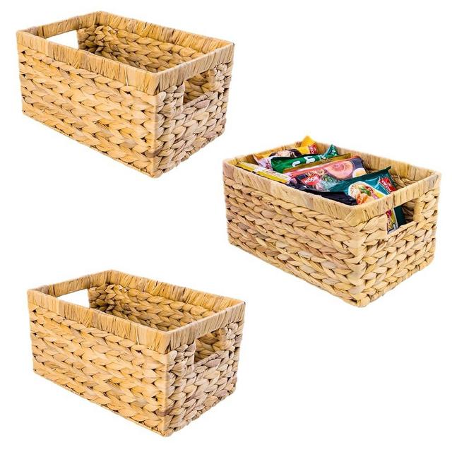 M4DECOR Water Hyacinth Storage Baskets, Rectangular Wicker Storage Basket with Built-in Handles, Medium woven baskets for storage (Medium 3 Packs)