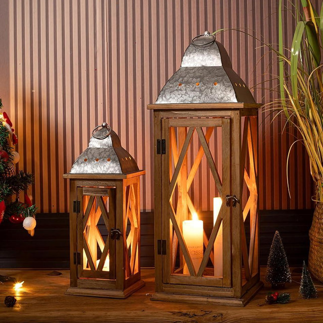 Large Farmhouse Wooden Metal Lantern Set of 2, Rustic Decorative Floor Candle Lanterns, Indoor/Outdoor Hanging Lanterns for Home Decor (No Glass)