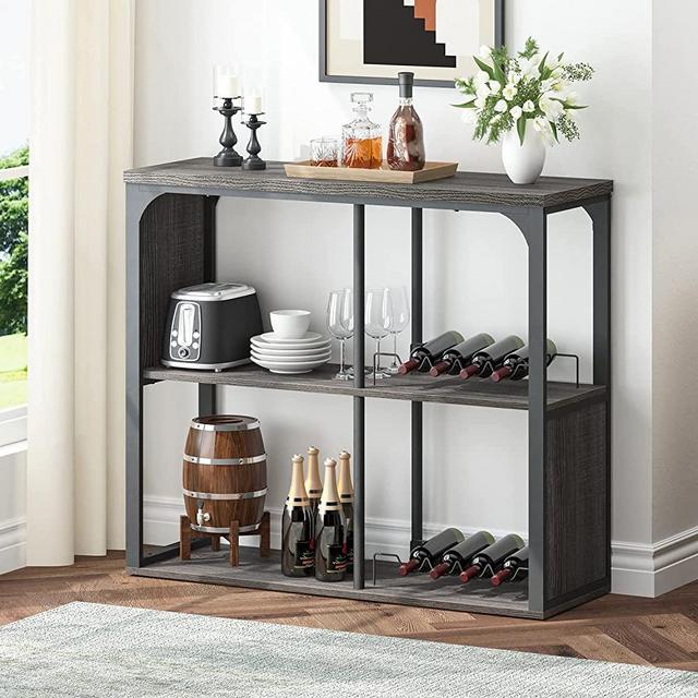 LVB Industrial Wine Bar Cabinet, Rustic Liquor Coffee Bar Table, Wood and Meal Whiskey Wine Rack Table with Storage, Modern Mini Buffet Cabinet for Home Living Room Kitchen, Gray Oak, 47 inch