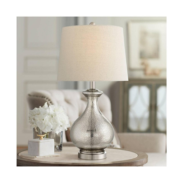 Albert Modern Table Lamp 24 3/4" High Mercury Glass Silver Gourd Oatmeal Tapered Drum Shade Decor for Bedroom Living Room House Home Bedside Nightstand Office Kids Family - 360 Lighting
