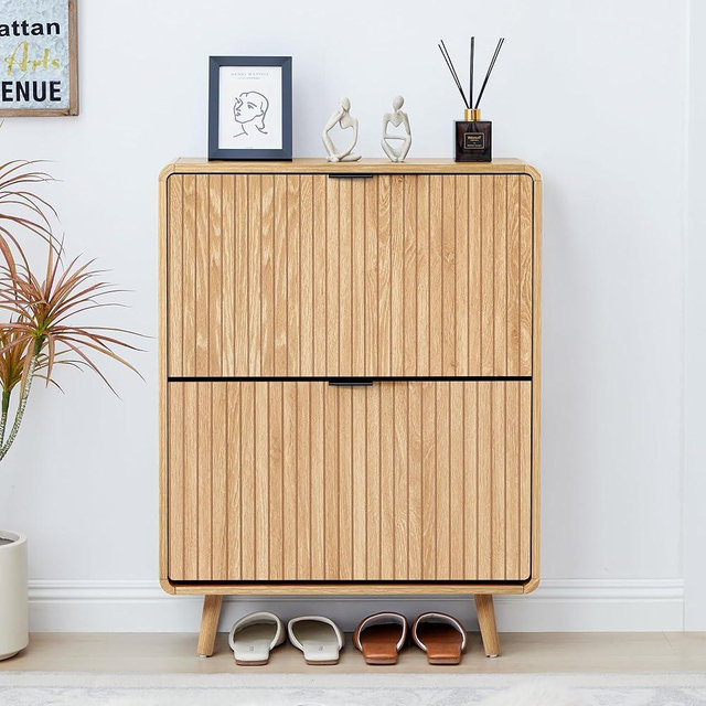 Narrow Shoe Cabinet for Entryway, Fluted Shoe Cabinet Storage with 2 Flip Drawers, Slim Shoes Rack Organizer (Natural)