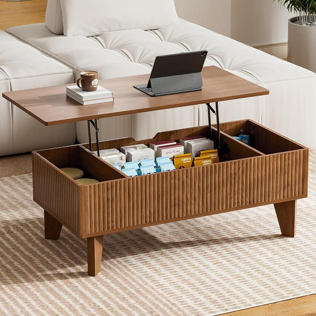 Pruchant Rectangular Lift Top Coffee Table with Storage, 41.5" Mid Century Modern Center Table for Living Room, Wood Fluted Coffee Table for Home Office, Walnut