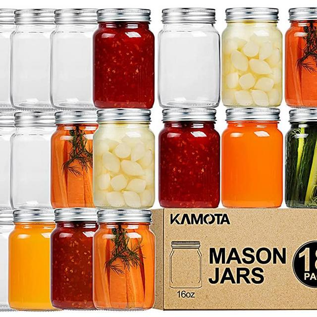 KAMOTA Mason Jars 16 OZ With Regular Lids and Bands, Ideal for Meal Prep, Food Storage, Jam, Wedding Favors, Shower Favors, DIY Magnetic Spice Jars, 18 PACK, 20 Whiteboard Labels Included