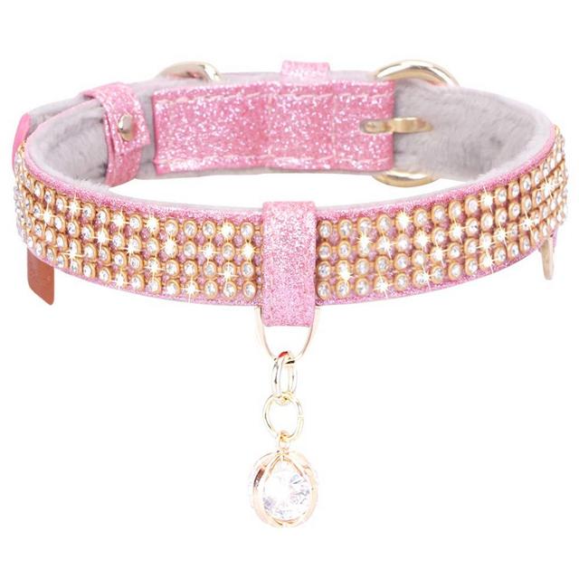 PetsHome Cat Collar, Dog Collar, [Bling Rhinestones] Premium PU Leather with Pendant Adjustable Collars for Cat and Small Dog Extra Small Pink