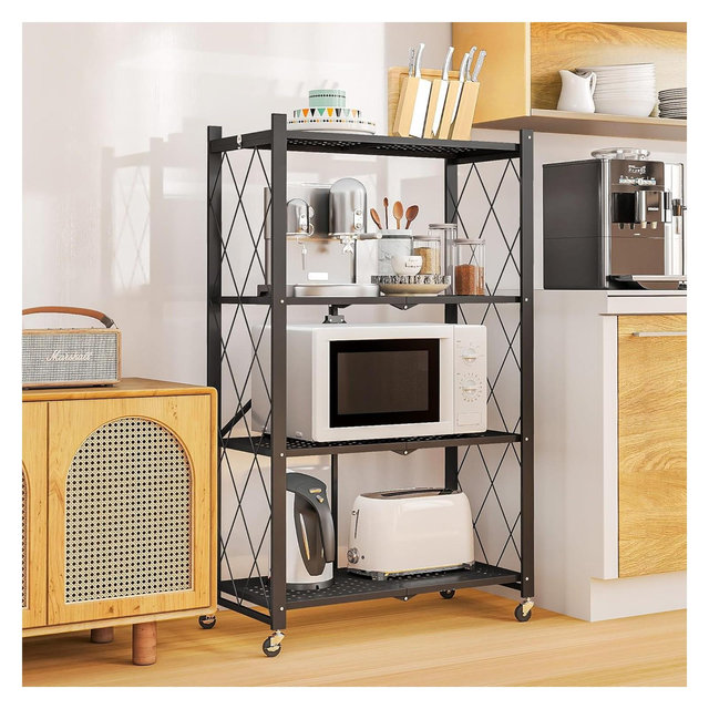 SUGIFT 4-Tier Foldable Metal Shelf with Wheels, 600 lb No Assembly Rolling Storage Rack, Black