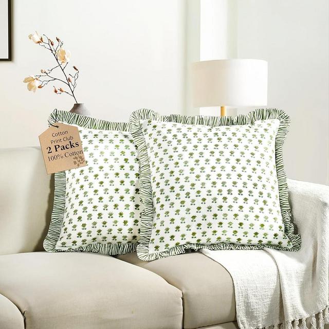 CPC Lotus Meadow Hand Block Print 100% Cotton Ruffle Throw Pillow Cover 18x18 inch with Hidden Zipper Decorative for Couch, Bed, Sofa, Farmhouse, Cottagecore Decor Gift Christmas Fall Thanksgiving
