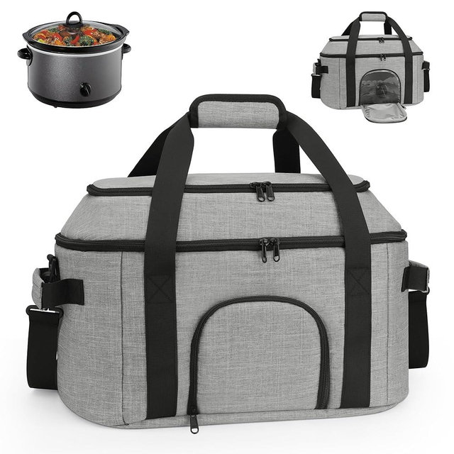 DD DEVILLI Double-Layer Slow Cooker Carrying Bag for 6-8 Quart CrockPot and Hamlton Beach,Portable Carrier Case with See-Through Window,Travel Bag with Lid Fastener for Family Gathering,Grey
