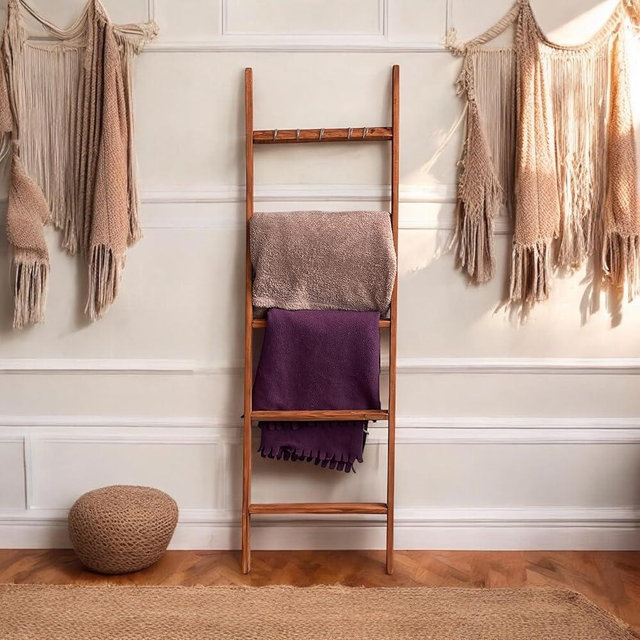 Emir&Odin Blanket Ladder – 5 Tier 60’’ inc Wooden Blanket Ladder, Living Room Home Decor, Wall Decorative Ladder Shelves, Wooden Blanket Ladder for Livingroom Furniture (HAZELNUT BROWN)