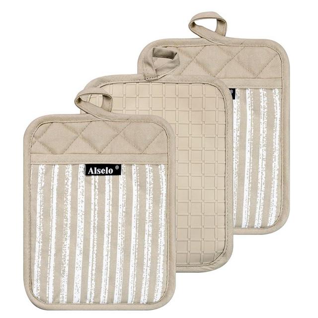 Alselo Silicone Pot Holders Set of 3 Heat Resistant & Non Slip Potholders, Professional Oven Hot Pads with Pockets Mitts for Kitchen Cooking Baking Barbecue (Khaki, 3)