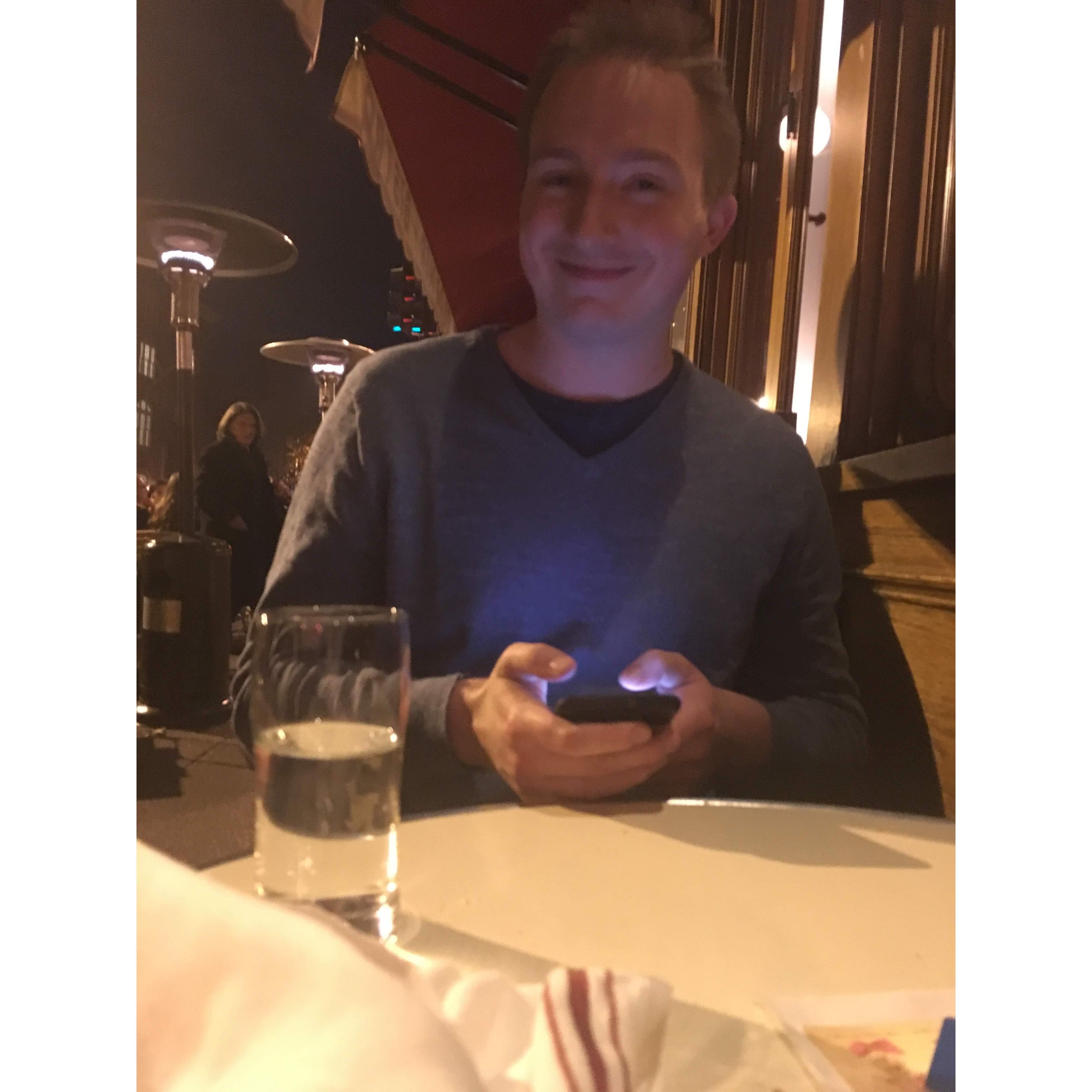 And at one of our favorite restaurants in D.C., Le Diplomate, Quinn was eating steak frites and some got on his shirt and Madison realized she loved him and wanted to marry him. Snapped a picture!