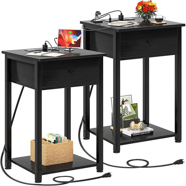 Ecoprsio Nightstand Set of 2 with Charging Station, Black End Table Side Table with USB Ports, Wood Night Stand, Black Bedside Table with Drawer and Shelf for Bedroom, Living Room, Sofa Couch, Black