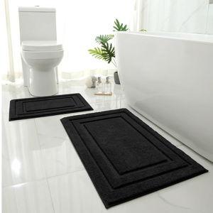 HOMEIDEAS Bathroom Rugs Sets 2 Piece, Super Soft and Absorbent Non Slip Microfiber Machine Washable Bath Mat Set (20" x 32" + 16" x 24", Black)
