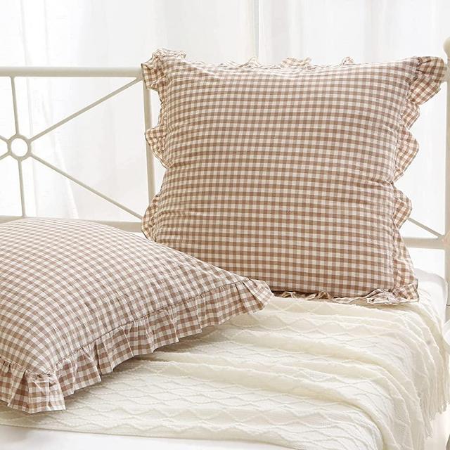 K MASANIJI 2 Pack Taupe Plaid Ruffle Euro Pillow Shams 26x26 inches, Washed Cotton Brown and White Checkered Farmhouse Shabby and Chic Pillow Covers for Bed/Sofa (26x26 inches, Taupe/White Plaid)