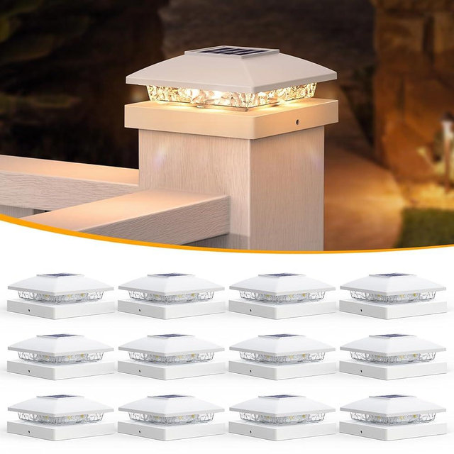 APONUO Solar Post Cap Lights for 4x4 5x5 Posts - IP64 Waterproof, 3000K LED, No-Wire Fence Lights & Deck Lights for Patio Garden Yard Patio, White-Warm White, 12 Pack