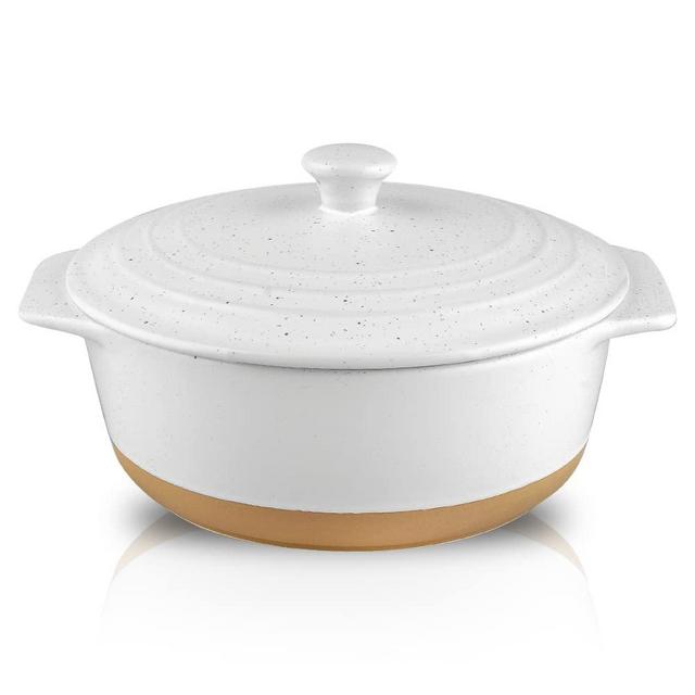 HVH Ceramic Casserole Dish with Lid Oven Safe, 2 Quart Round Casserole Dish Set, 9 Inches Round Baking Dish with Lid Oven Safe, Deep Baking Dishes for Oven with Lids for Dinner Party, Banquet and Daily Use, Farmhouse Style (White)