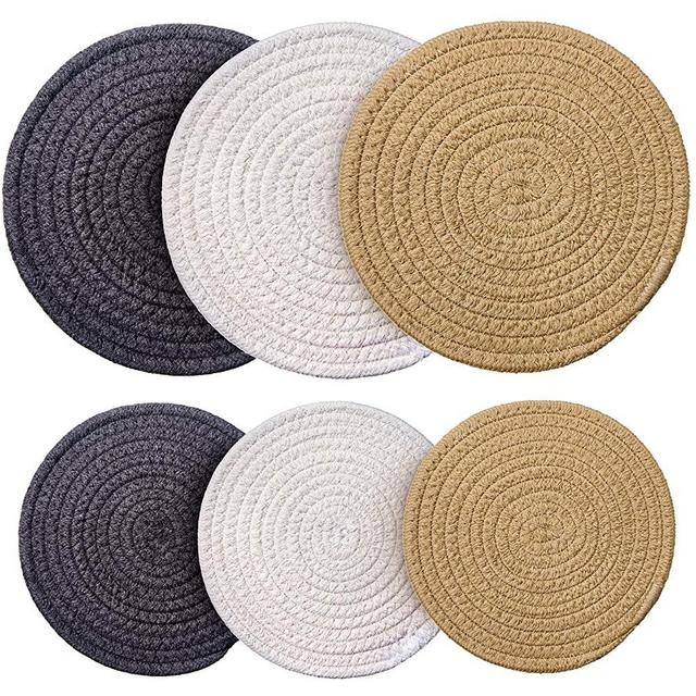 6 Pieces Pot Trivets Large Braided Woven Trivet Coaster, 7 Inch and 4.7 Inch Cotton Thread Weave Cup Coaster Hot Pot Dish Trivet Pad Mat for Kitchen Cooking Supplies (Light Coffee, Dark Grey, White)