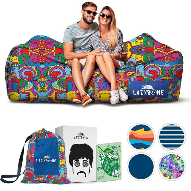 Chillbo LazyBone Inflatable Couch – Quick-Inflation Flapper System, Fun Prints, No-Pump Setup, Ripstop Polyester, Portable Air Lounger for Beach, Camping, Festivals, & Hiking