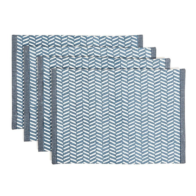 over&back Set of 4 Hand-Blocked Placemats - Colorful Dining Table Mat - Each Placemat is Unique - 100% Cotton - Machine Washable - Kitchen and Home Decor - Blue Herringbone