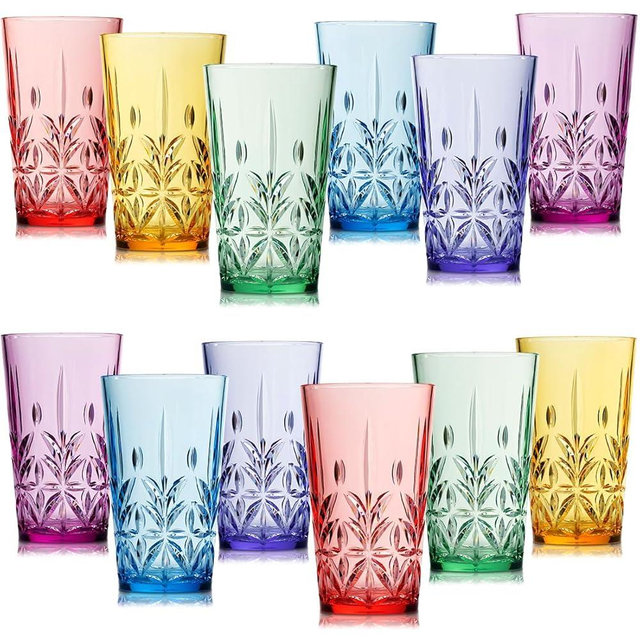 Bravario Royal Plastic Drinking Tumbler, Premium Quality Water Glasses, Dishwasher-Safe BPA-Free Durable Mixed Colors Assorted Stackable Cups, 18 oz Set of 12