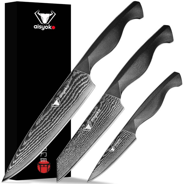 aisyoko 8C Damascus Knife Set 3PC Chef Knife,Kitchen knife,paring knife,High Carbon Stainless Steel,Ergonomic Full Tang ABS Anti-Skid Handle,Professional Japanese Cooking Knife with Luxury Gift Box