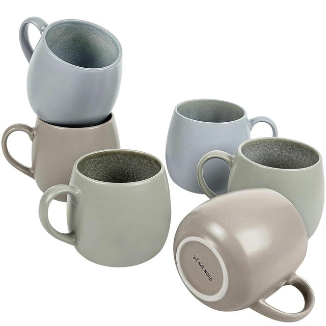 Ava Nord Ceramic Coffee Mugs Set of 6, 15oz - Modern Scandinavian Aesthetic Cup - Microwavable Stoneware Coffee Cups with Comfortable Handle - Tea Mug Set for Latte, Cappuccino, Soup - Mixed Neutrals