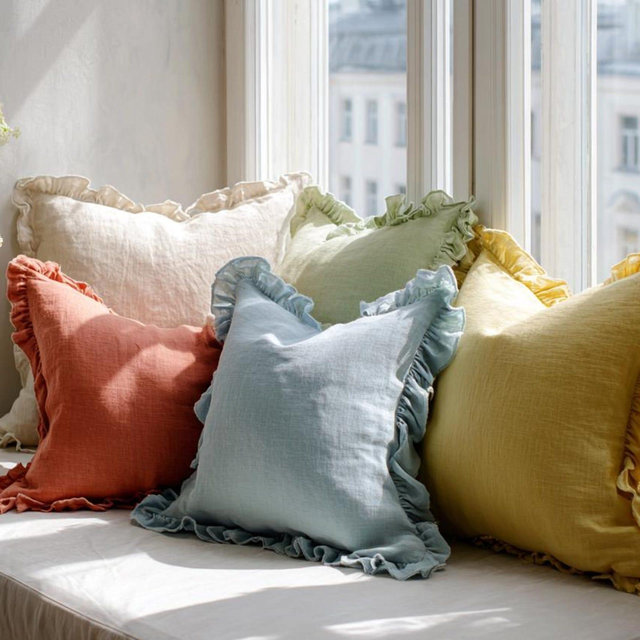 Linen Pillowcase With Ruffles Decorative Soft Ruffled Shams with Zipper closure Custom Size Breathable Pillow Cover Soft Ruffled Case