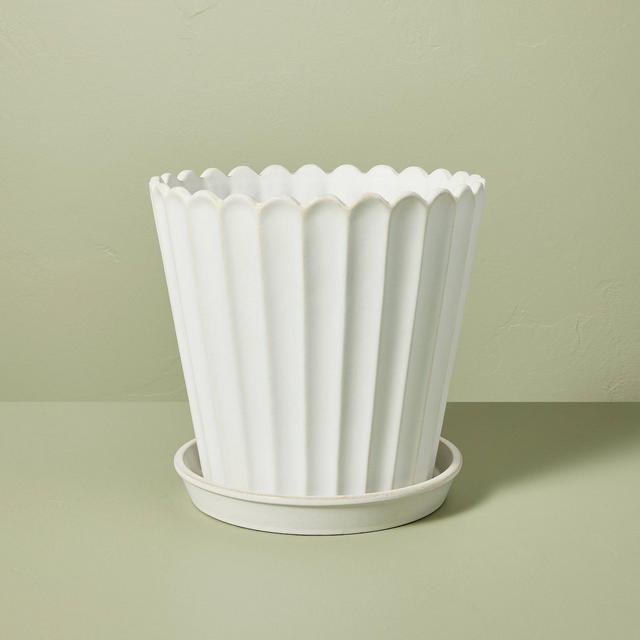 Medium Scallop-Fluted Stoneware Indoor/Outdoor Planter Pot with Saucer Cream - Hearth & Hand™ with Magnolia