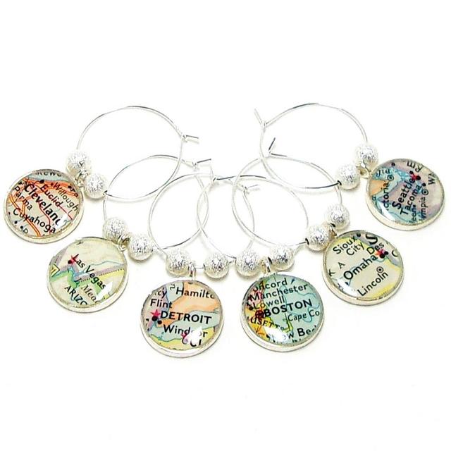 Wine Glass Charms. Set of Six. You Select Locations Worldwide. Personalized Gift. Vintage Map Wine Charms. Wine Charms. Travel Gifts Unique