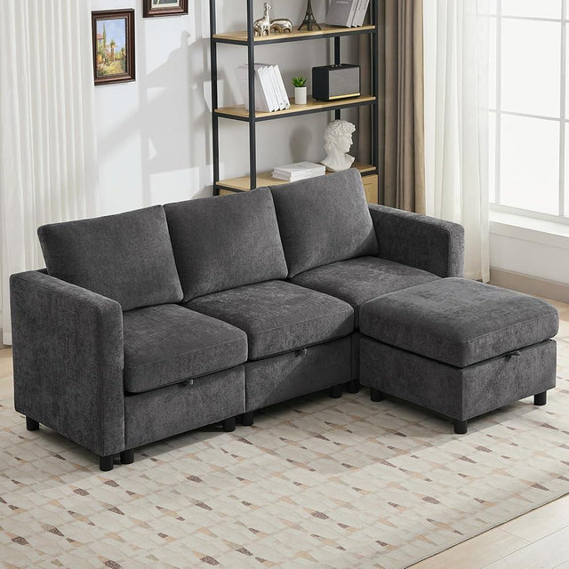 WUTUTUEE 83”Modular Convertible L Shaped Couch Set for Living Room, Modern 4 Seat Storage Modular Couch with Movable Ottoman, Chenille(Dark Grey)